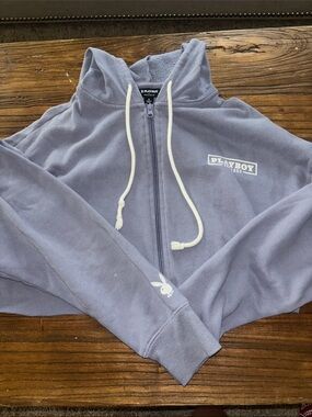 PLAYBOY Dusty Blue Full-Zip Hoodie with White Drawcords